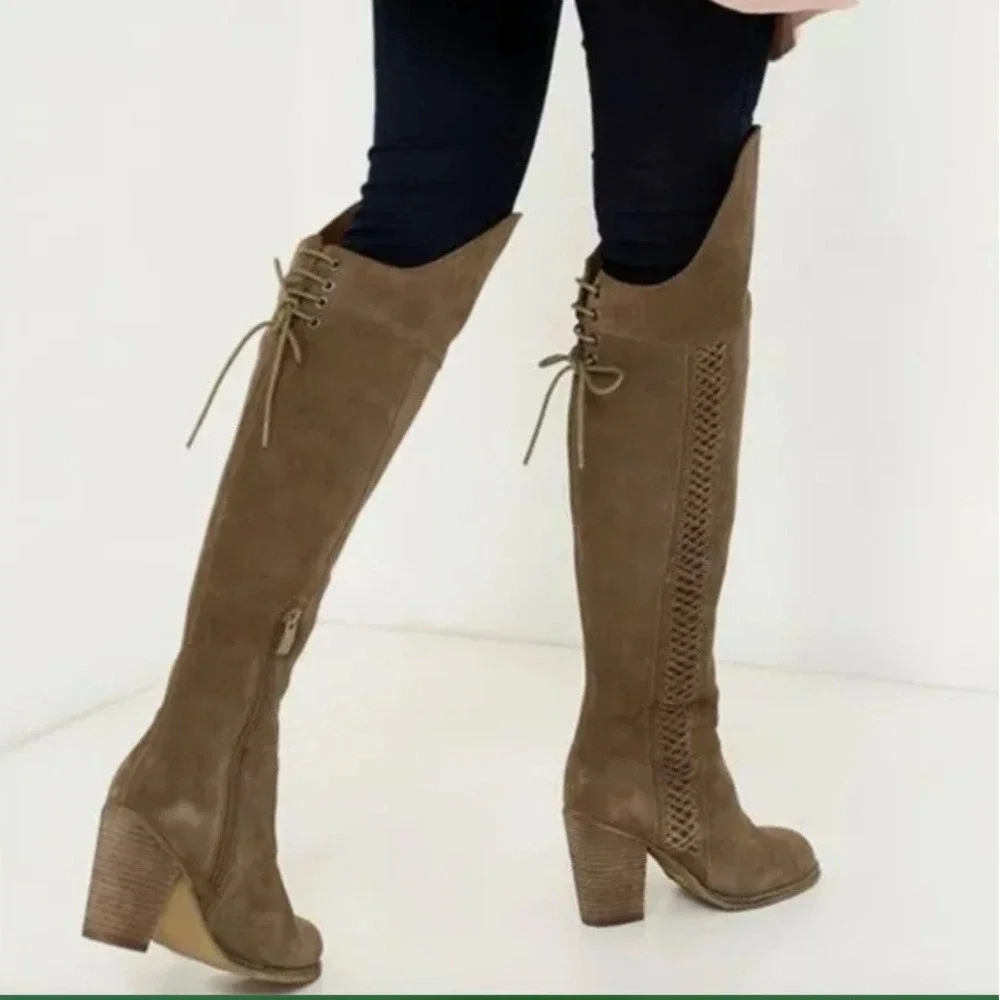 Sbicca Gusto Over The Knee Boots Brown Suede Woven Side‎ Lace Up Back Women 7